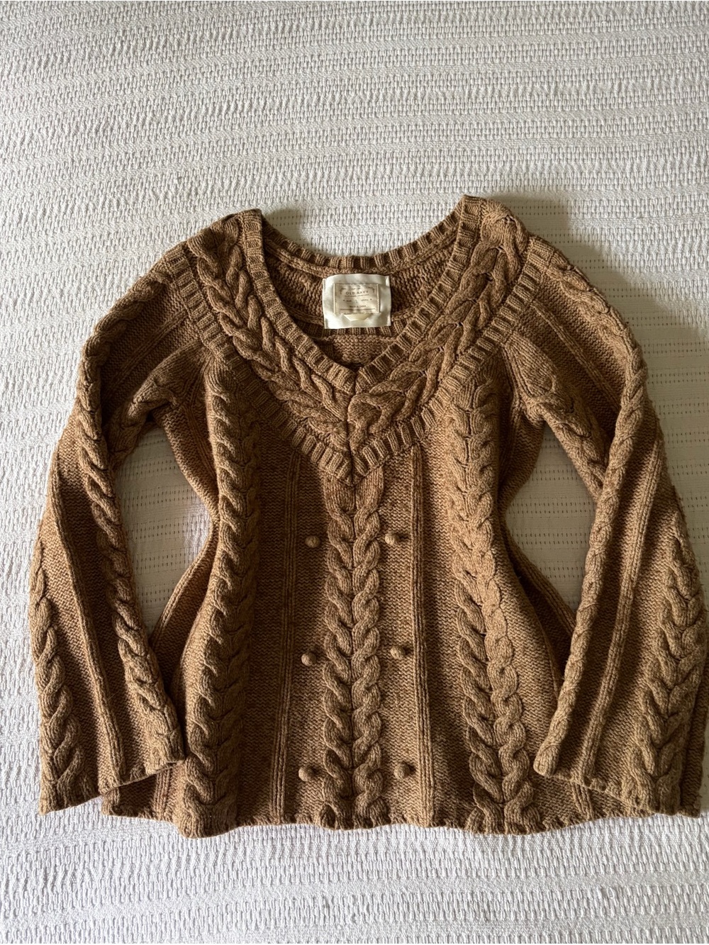 Y2k 2000s Old Navy Brown / Tan Cable Knit V-Neck Bobble Pullover Sweater Large